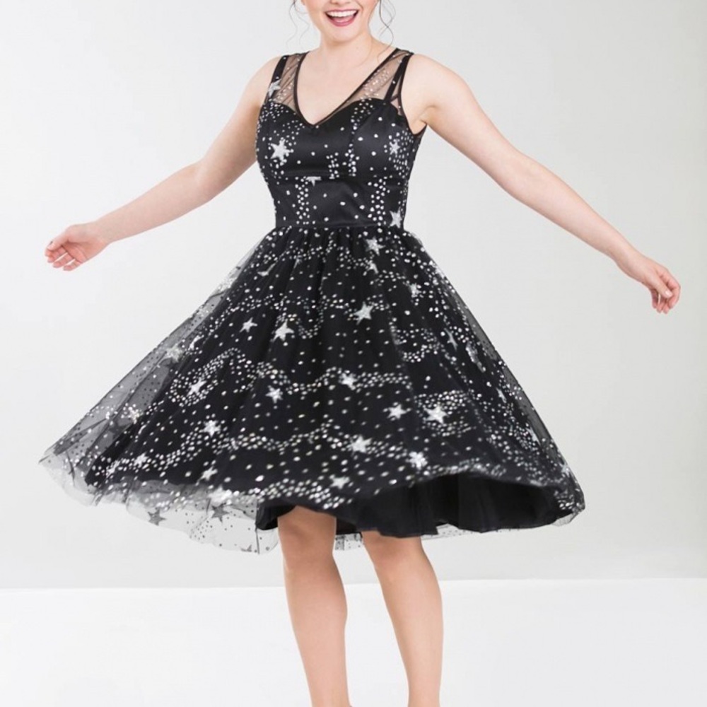 Hell Bunny Cosmic Love Dress Black Silver Glitter Star Celestial